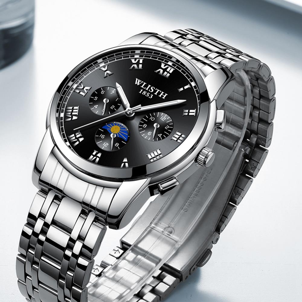 WLISTH Men Casual Business Quartz Wrist Watch Stainless Steel Strap - Silver + White