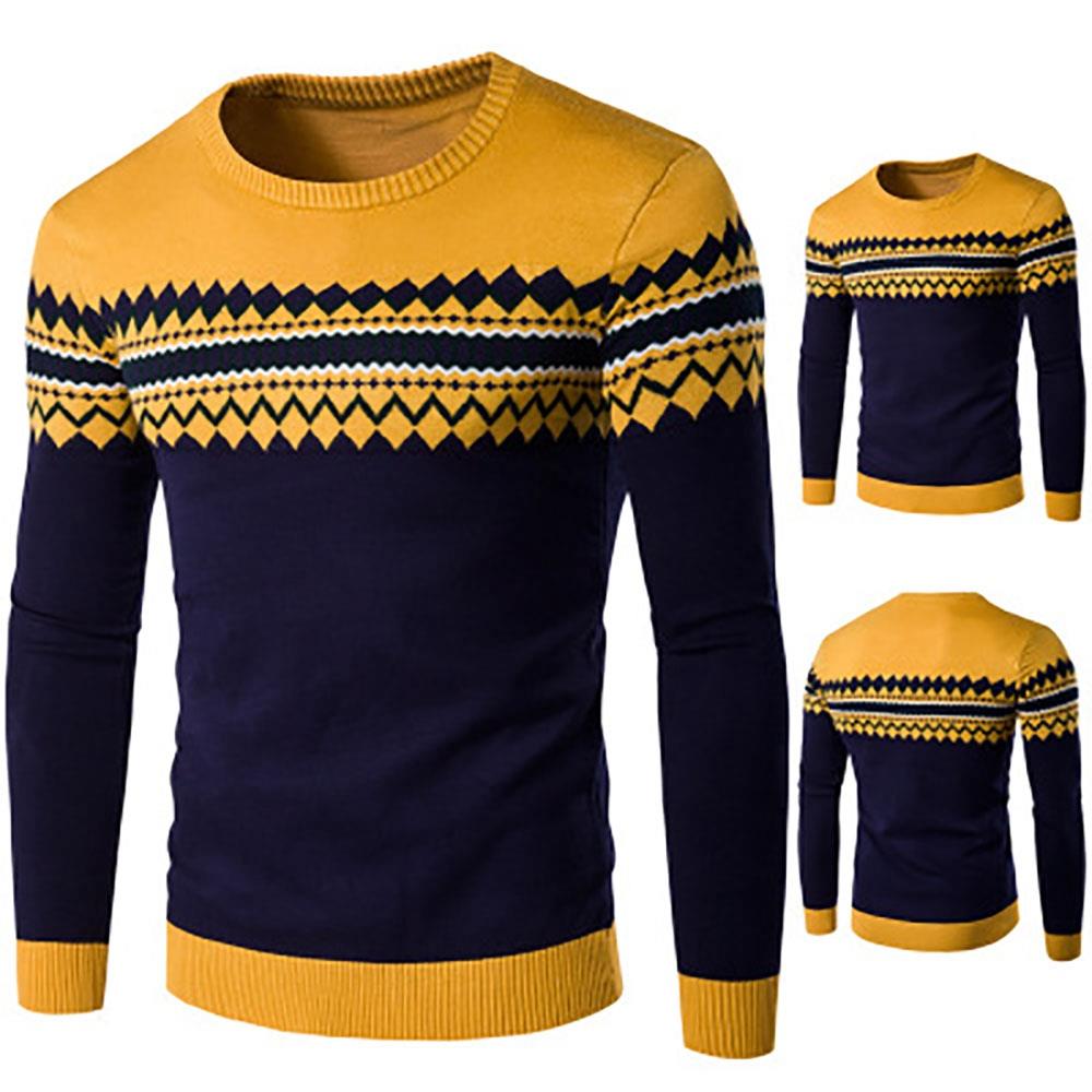 C03 Men Casual Autumn Winter Warm Round Neck Sweater Size M - Yellow