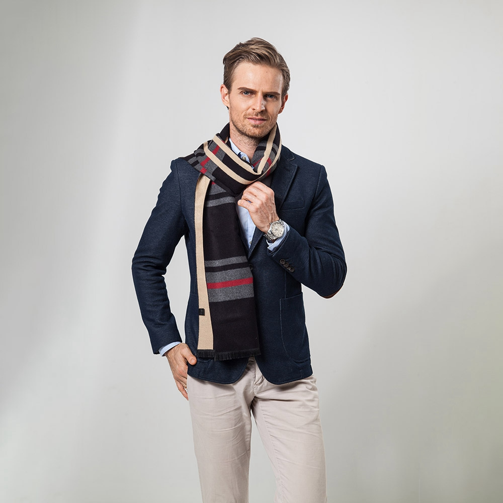 S04 Men Classic Business Imitation Cashmere Striped Plaid Warm Scarf 30x180CM - Black