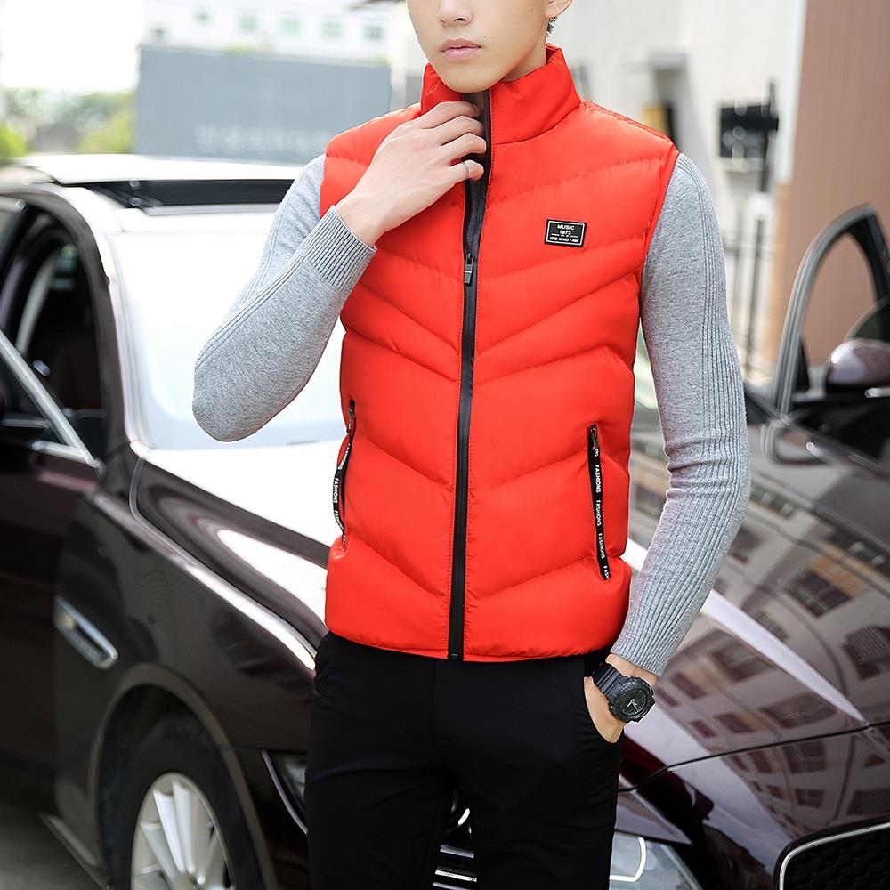 Men Winter Fashion Stand Collar Solid Color Cotton Sleeveless Waistcoat Size L - Orange