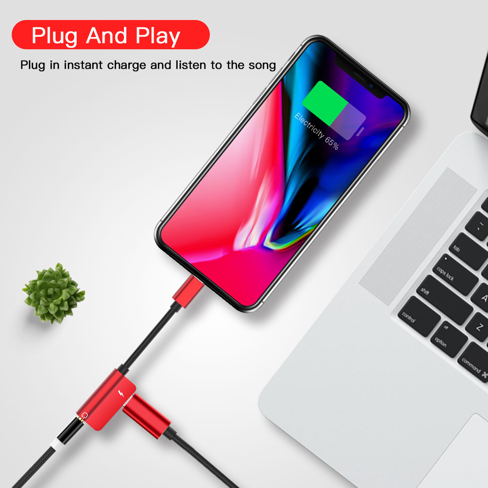 2 in 1 Audio Charging Adapter Lighting Female to Lighting Male & 3.5mm Headphone Jack for iPhone 7 8 Plus X - Red