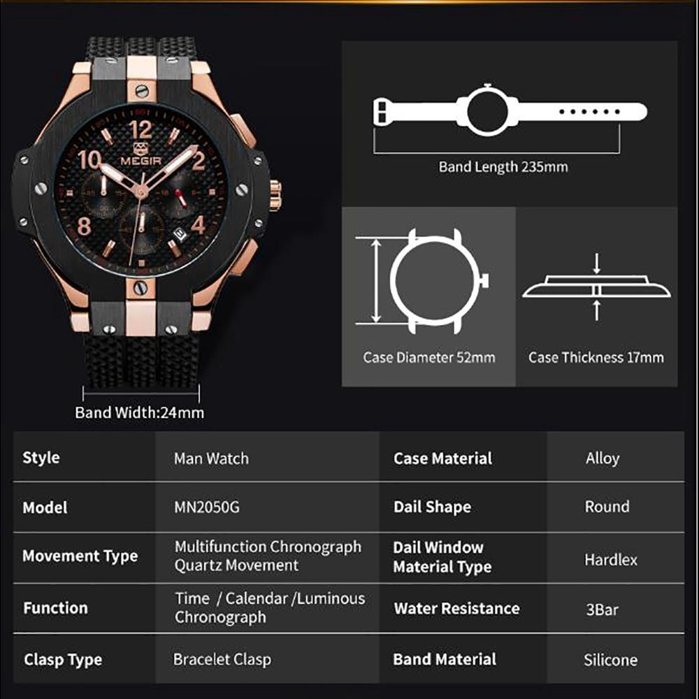 Men Fashion Large Dial Quartz Movement Silicone Watch - Black