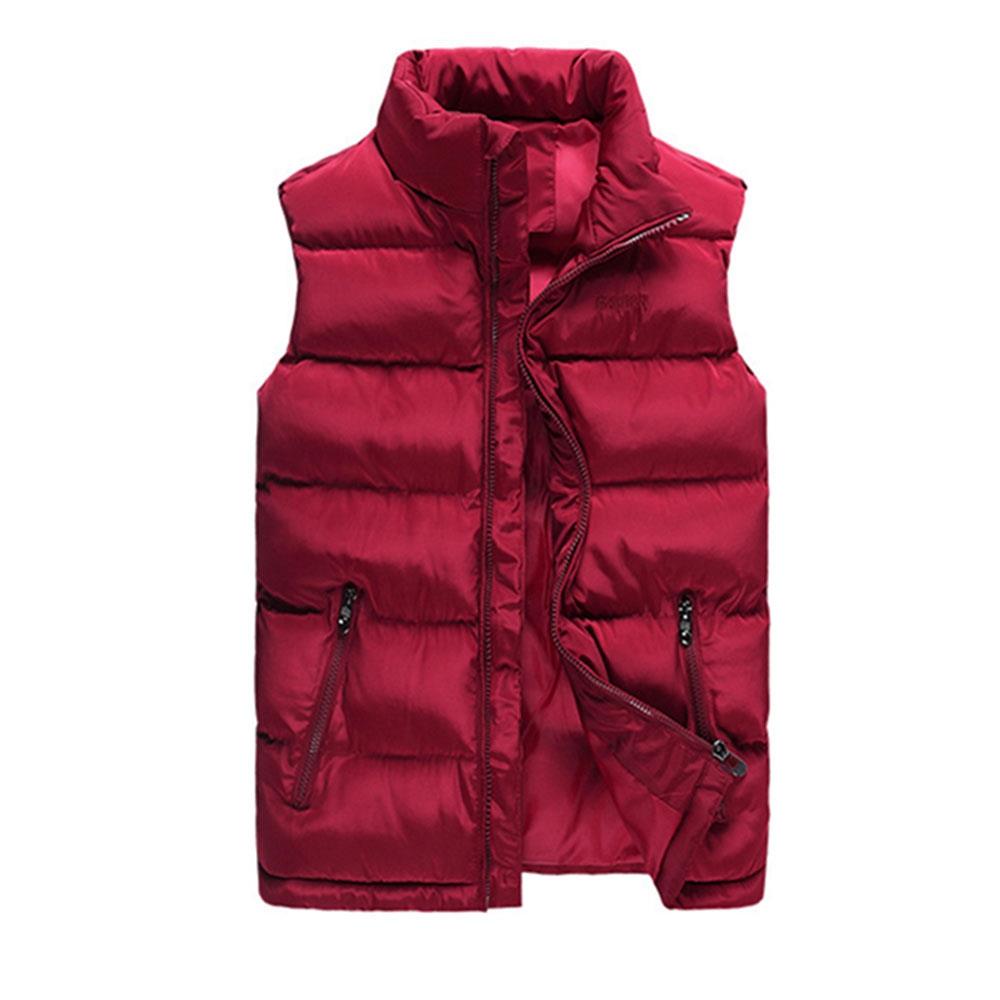 Men Winter Thick Stand Collar Solid Color Cotton Waistcoat Duck Down Jacket Size M - Red