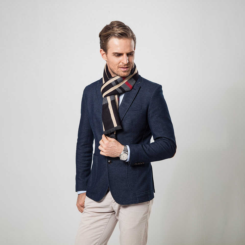 S04 Men Classic Business Imitation Cashmere Striped Plaid Warm Scarf 30x180CM - Black