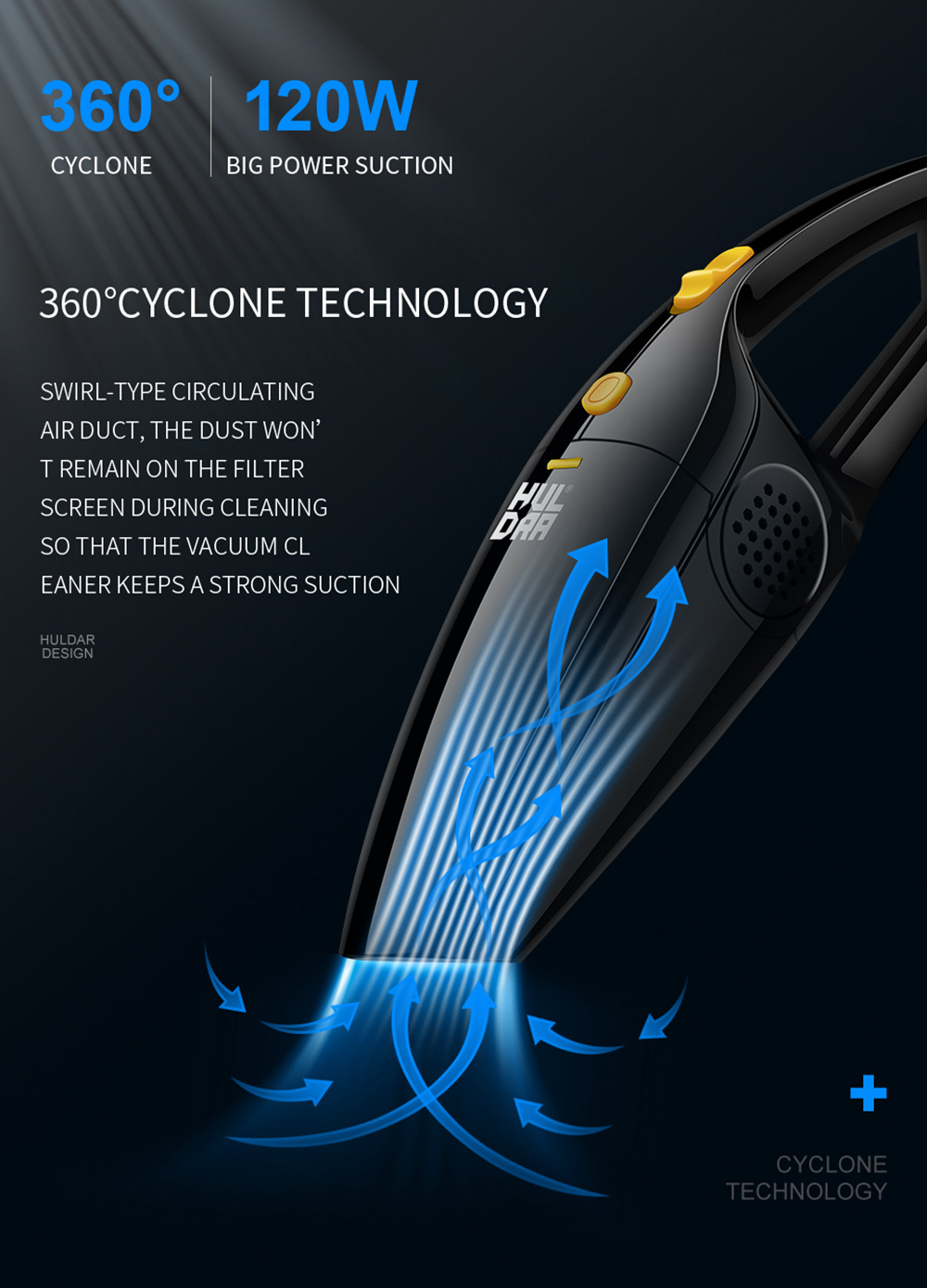 HULDRA HLCY001 Wired Car Vacuum Cleaner Black