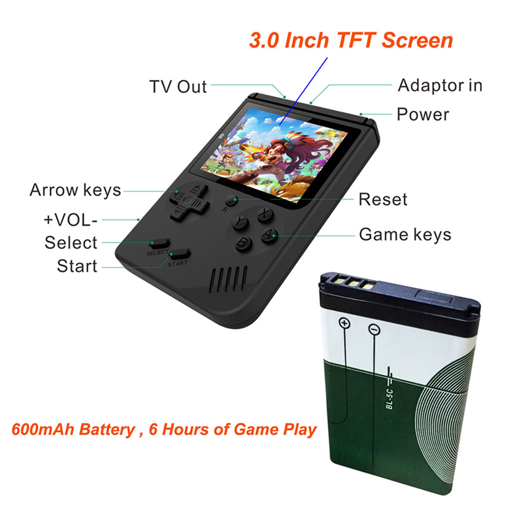 Coolbaby RS6A Retro Handheld Game Console 3.0 Inch LCD Color Kids Game Player Built-in 168 Games - Black