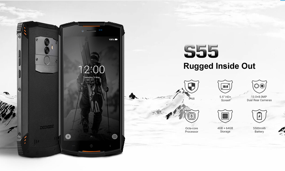 [HK Stock]DOOGEE S55 5.5 Inch 4G LTE Smartphone MT6750T 4GB 64GB 13.0MP+8.0MP Dual Rear Cameras Android 8.0 IP68 Fast Charge Touch ID - Black