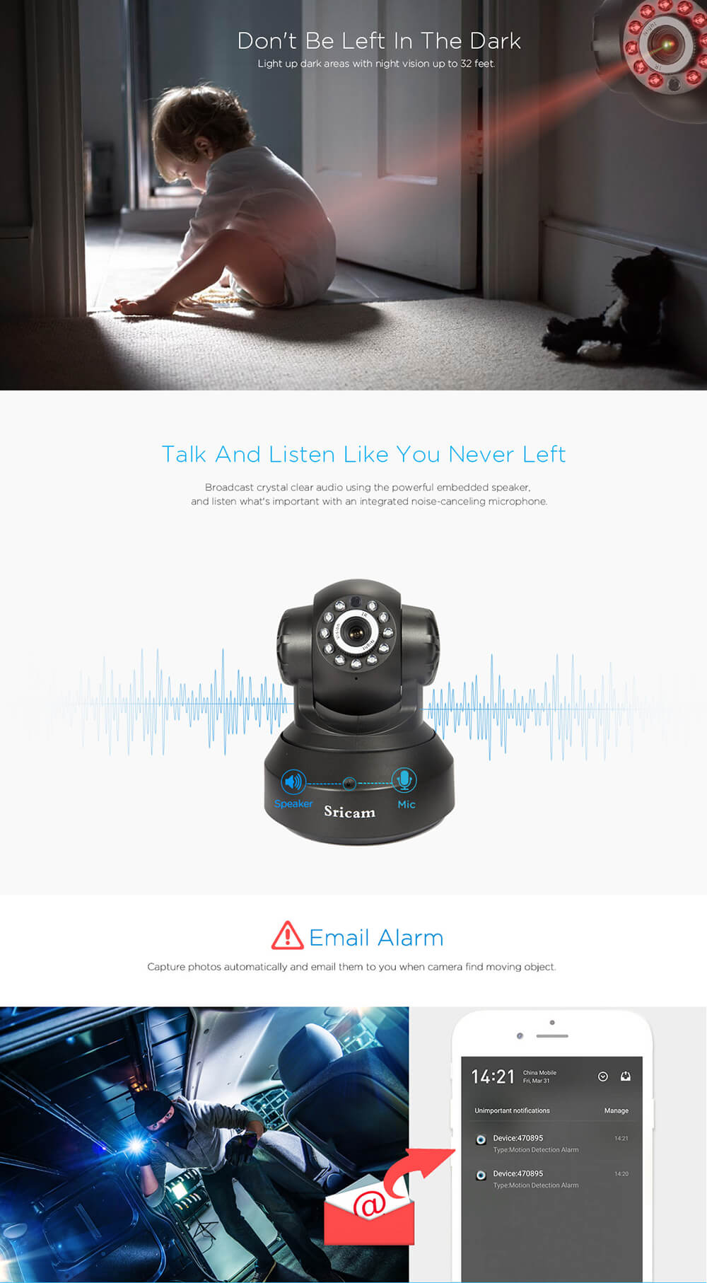 Sricam SP005 WiFi ONVIF 720P IP Camera Two-way Audio Infrared Night Vision - Black