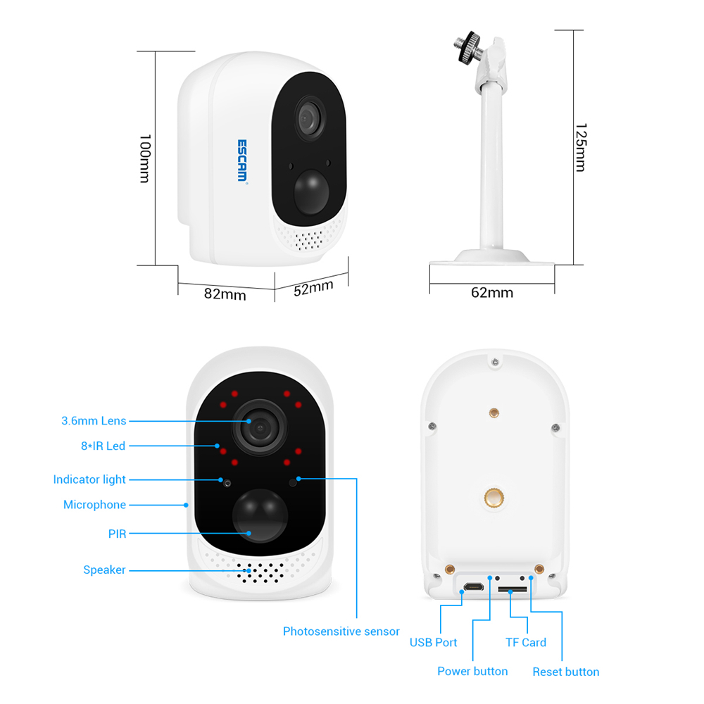 ESCAM QF230 1080P P2P IR 10400mAh Battery WIFI PIR Alarm IP Camera Two-way Audio Night Vision - White