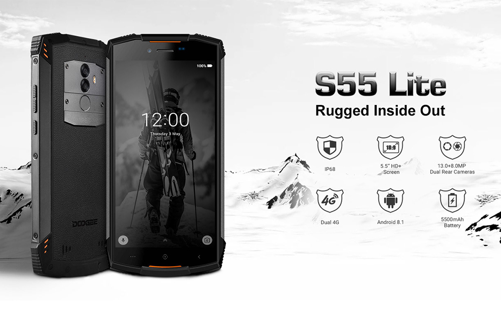[HK Stock]DOOGEE S55 Lite 5.5 Inch 4G LTE Smartphone MTK6739 2GB 16GB 13.0MP+8.0MP Dual Rear Cameras Android 8.1 Touch ID IP68 - Black