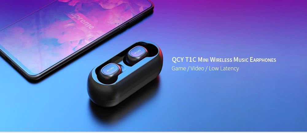 QCY T1C TWS Dual Bluetooth 5.0 Earphones with Mic Charging Box Noise Reduction - Black