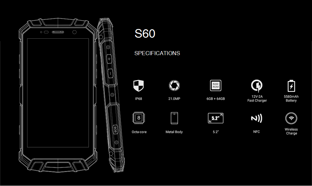 [HK Stock]DOOGEE S60 5.2 Inch 4G LTE Smartphone Helio P25 6GB 64GB 21.0MP Rear Camera Android 7.0 IP68 Fast Charge NFC - Black