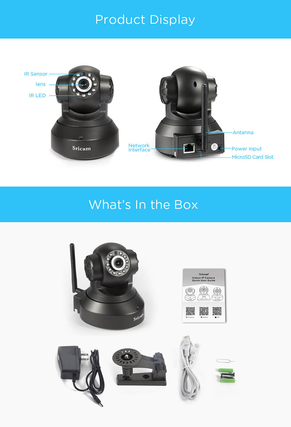 Sricam SP005 WiFi ONVIF 720P IP Camera Two-way Audio Infrared Night Vision - Black