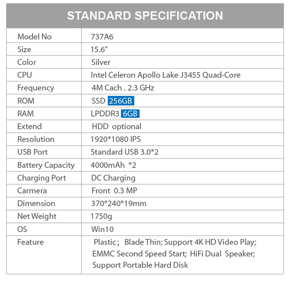 YEPO 737A6 Laptop Intel Apollo Lake J3455 Quad Core 15.6" IPS Screen 1920*1080 Windows 10 6GB RAM 256GB SSD - Silver