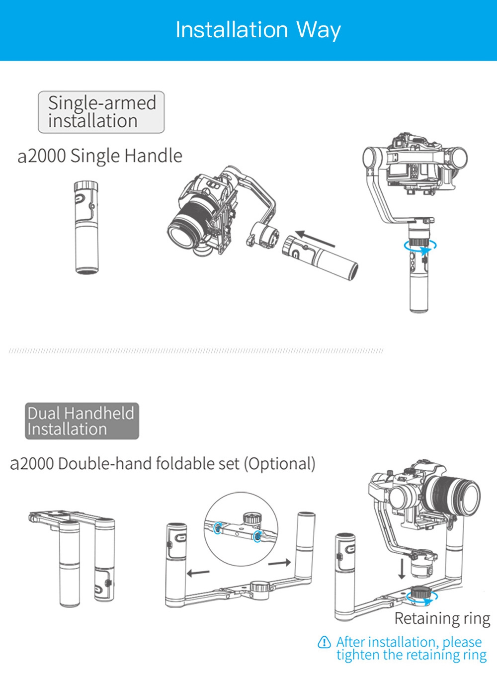 Feiyu Tech A2000 3-Axis Brushless Handheld Gimbal for  Mirrorless DSLR Camera - Single Handheld
