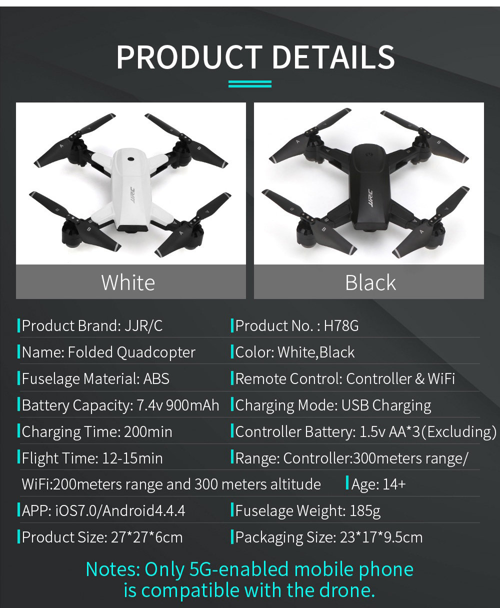 JJRC H78G 1080P GPS  5G WiFi FPV Foldable RC Drone Follow Me Mode RTF - Black