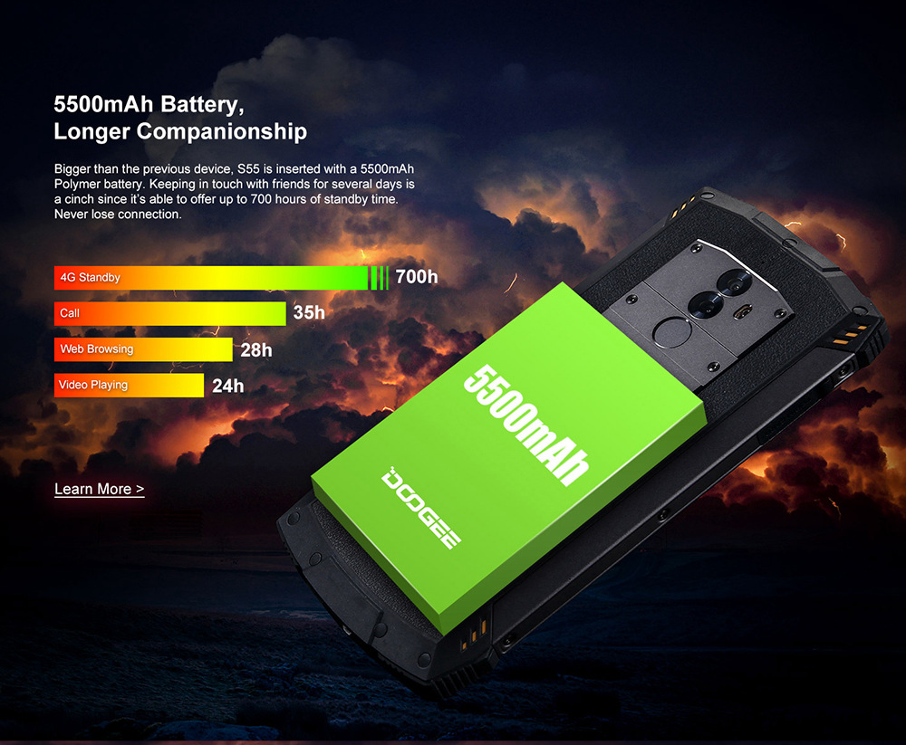 [HK Stock]DOOGEE S55 5.5 Inch 4G LTE Smartphone MT6750T 4GB 64GB 13.0MP+8.0MP Dual Rear Cameras Android 8.0 IP68 Fast Charge Touch ID - Black