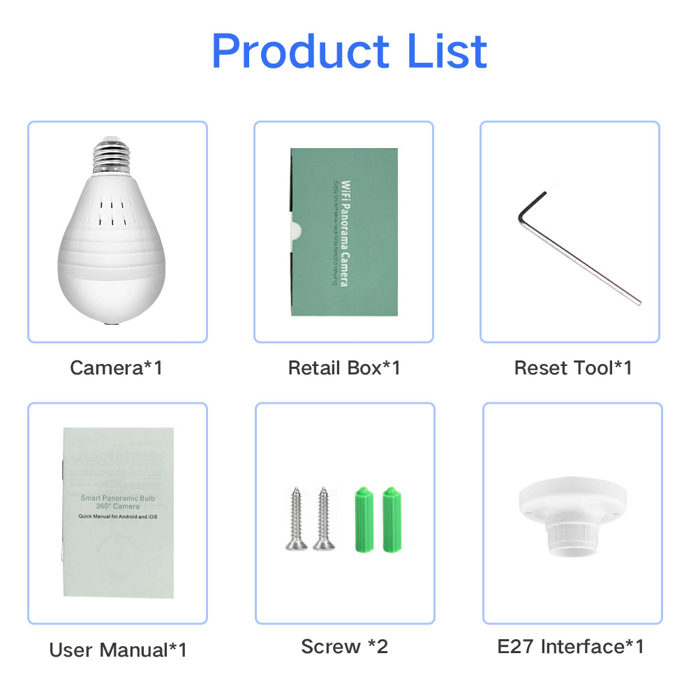 SDETER GA022 960P Panoramic Wifi Light Bulb IP Camera E27 Fisheye Surveillance Security Night Vision Monitor - White