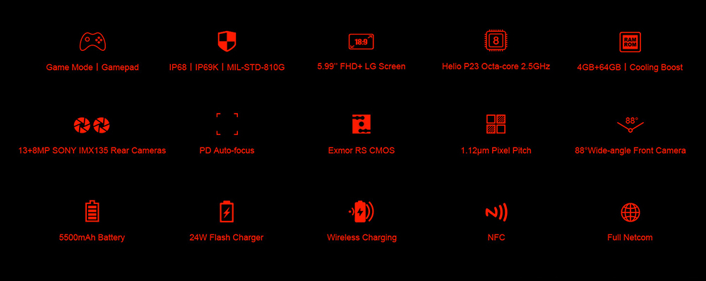 [HK Stock]DOOGEE S70 Lite 5.99 Inch 4G LTE Smartphone Helio P23 4GB 64GB 13.0MP+8.0MP Dual Rear Cameras Android 8.1 IP68 Wireless Charge NFC - Red