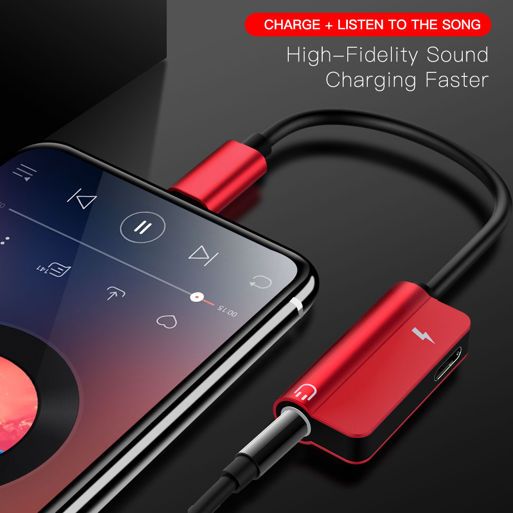 2 in 1 Audio Charging Adapter Lighting Female to Lighting Male & 3.5mm Headphone Jack for iPhone 7 8 Plus X - Red