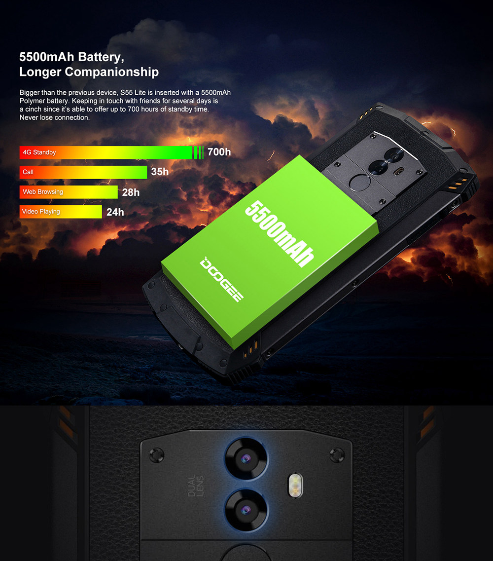 [HK Stock]DOOGEE S55 Lite 5.5 Inch 4G LTE Smartphone MTK6739 2GB 16GB 13.0MP+8.0MP Dual Rear Cameras Android 8.1 Touch ID IP68 - Black