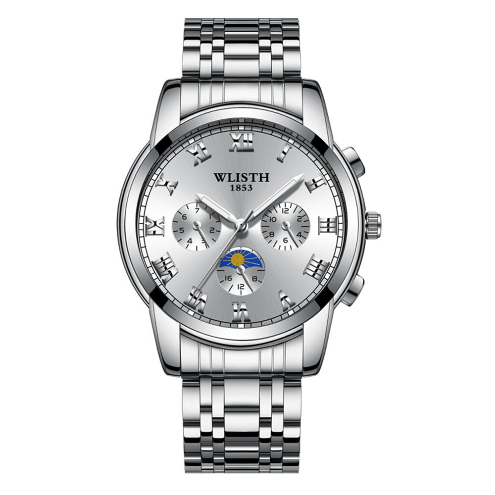 WLISTH Men Casual Business Quartz Wrist Watch Stainless Steel Strap - Silver + White