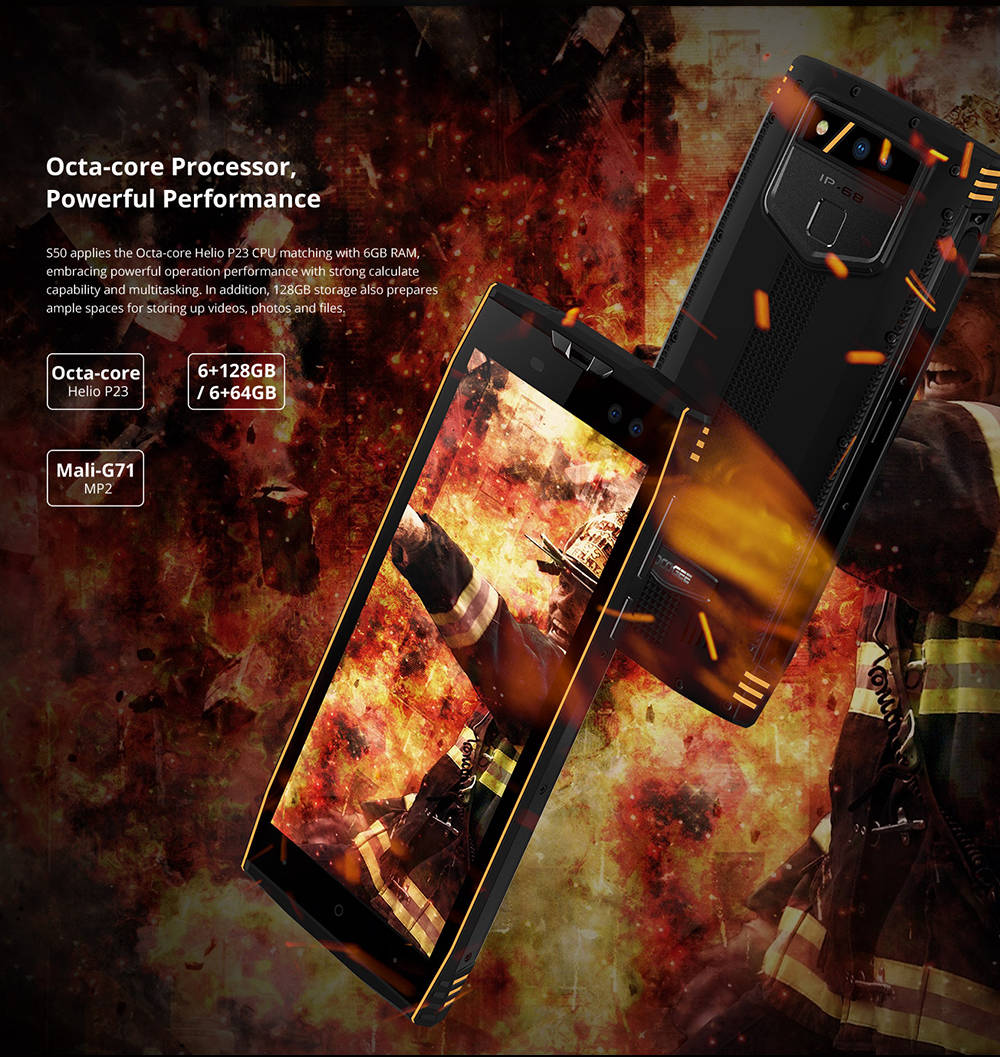 [HK Stock]DOOGEE S50 5.7 Inch 4G LTE Smartphone MT6763T 6GB 128GB 16.0MP+13.0MP Dual Rear Cameras Android 7.1 IP68 Face ID OTG - Black