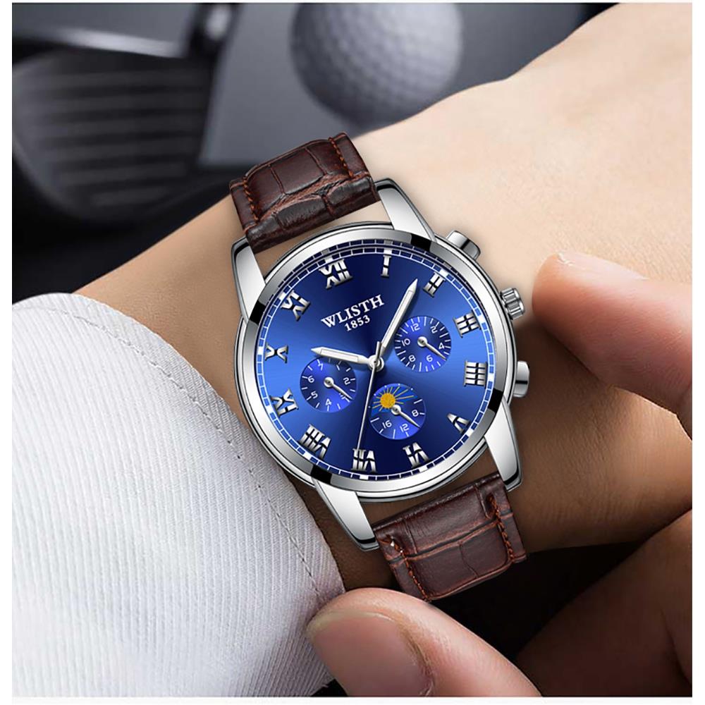WLISTH S509 Men Quartz Wrist Watch PU Leather Strap Black