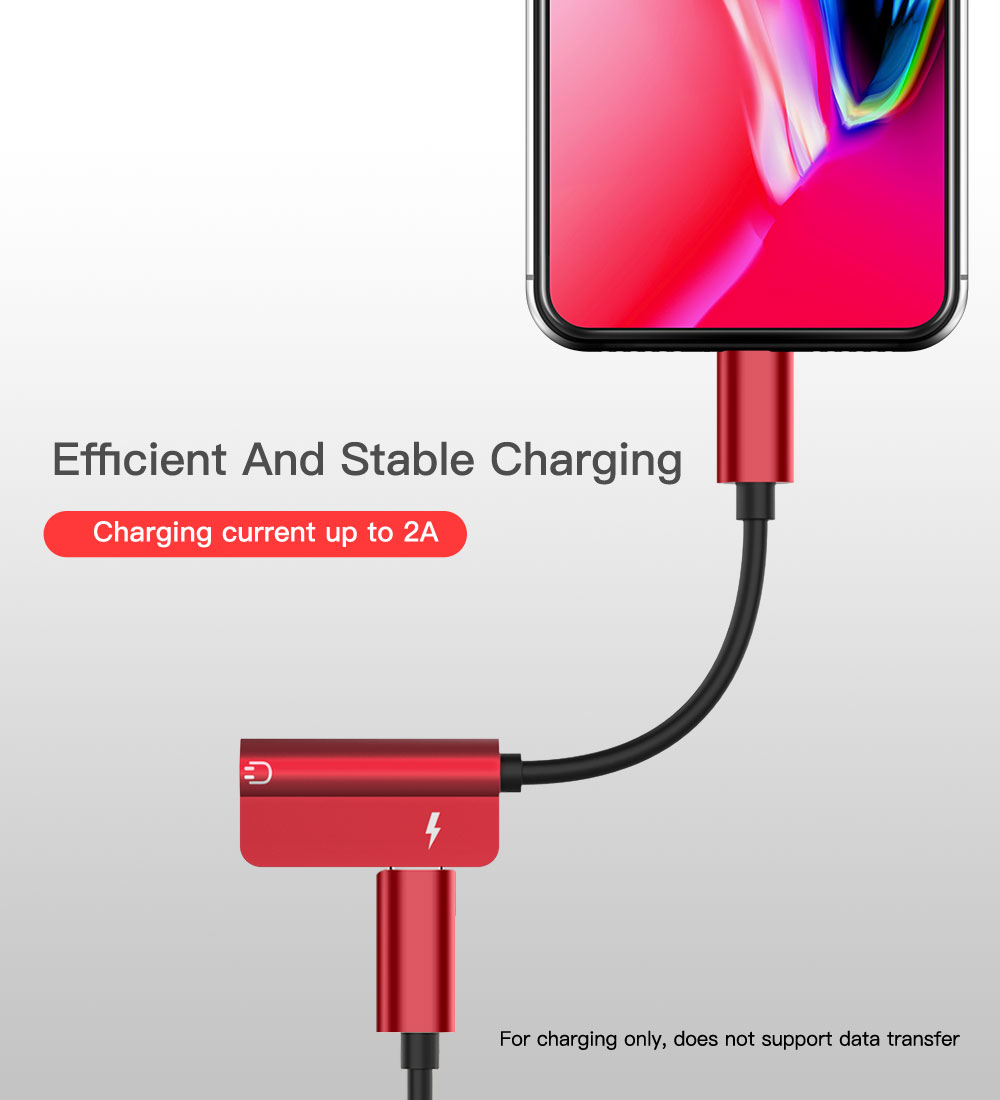 2 in 1 Audio Charging Adapter Lighting Female to Lighting Male & 3.5mm Headphone Jack for iPhone 7 8 Plus X - Red