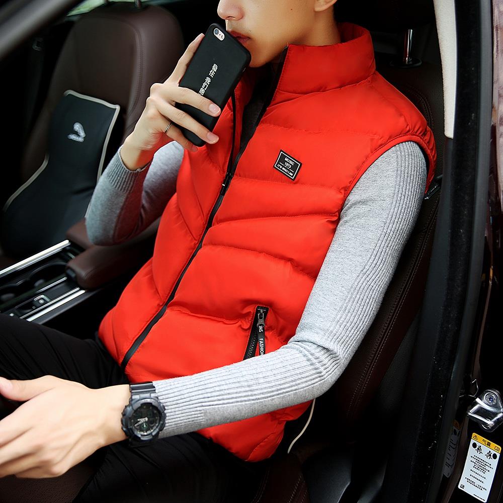 Men Winter Fashion Stand Collar Solid Color Cotton Sleeveless Waistcoat Size L - Orange