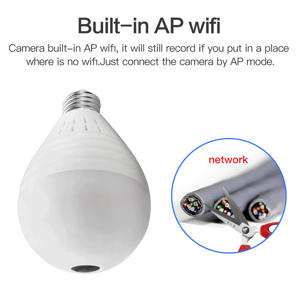 SDETER GA022 960P Panoramic Wifi Light Bulb IP Camera E27 Fisheye Surveillance Security Night Vision Monitor - White