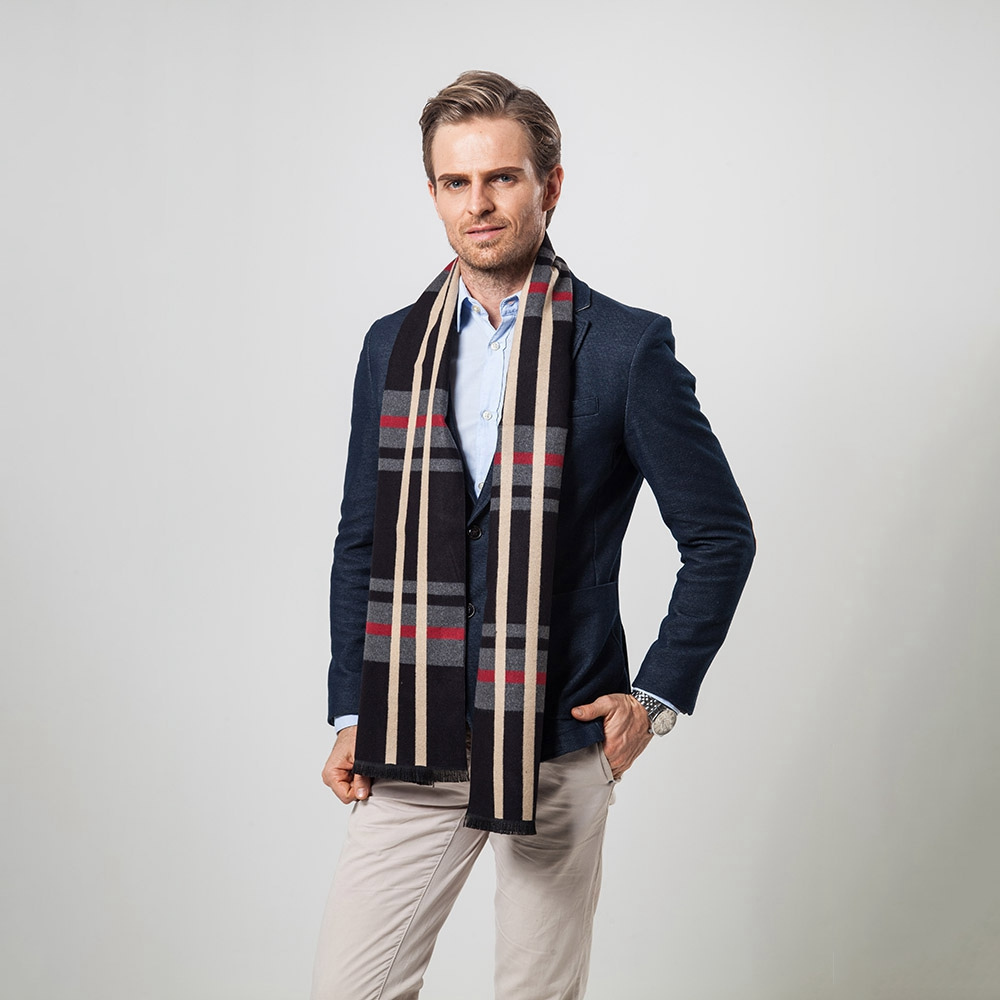 S04 Men Classic Business Imitation Cashmere Striped Plaid Warm Scarf 30x180CM - Black