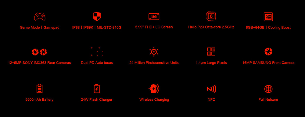 [HK Stock]DOOGEE S70 5.99 Inch 4G LTE Smartphone Helio P23 6GB 64GB 12.0MP+5.0MP Dual Rear Cameras Android 8.1 IP68 Fast Charge NFC - Red