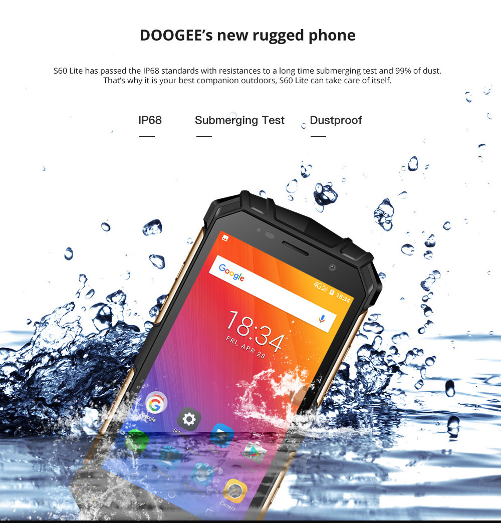[HK Stock]DOOGEE S60 Lite 5.2 Inch 4G LTE Smartphone MT6750T 4GB 32GB 16.0MP Rear Camera Android 8.1 IP68 Wireless Charge NFC - Black