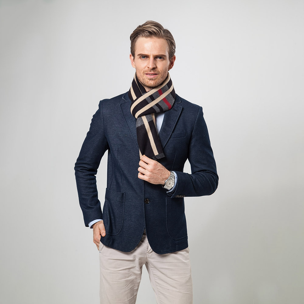S04 Men Classic Business Imitation Cashmere Striped Plaid Warm Scarf 30x180CM - Black