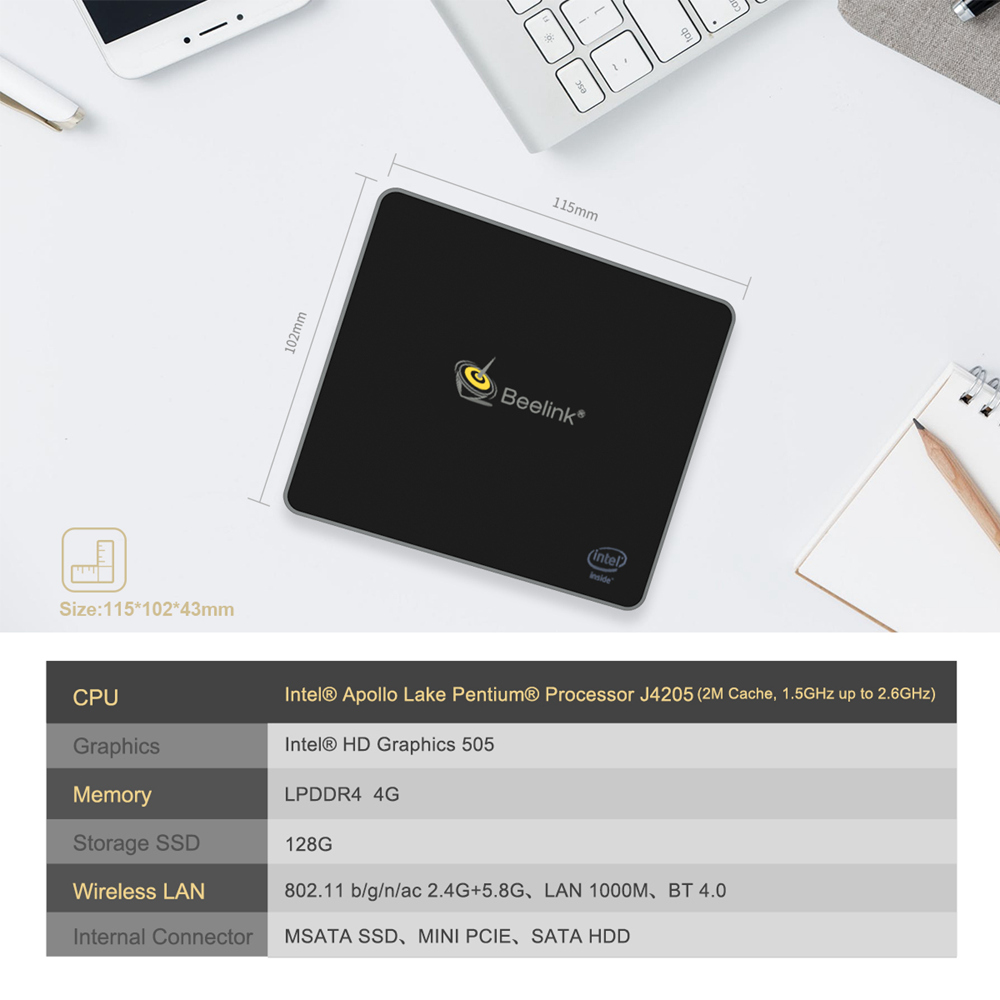 Beelink J45 Intel Apollo Lake J4205 4GB DDR4 128GB mSATA SSD Windows 10&nbsp;Mini PC Dual Band WiFi Gigabit LAN USB3.0*4 HDMI*2 Expandable 2.5 inch HDD