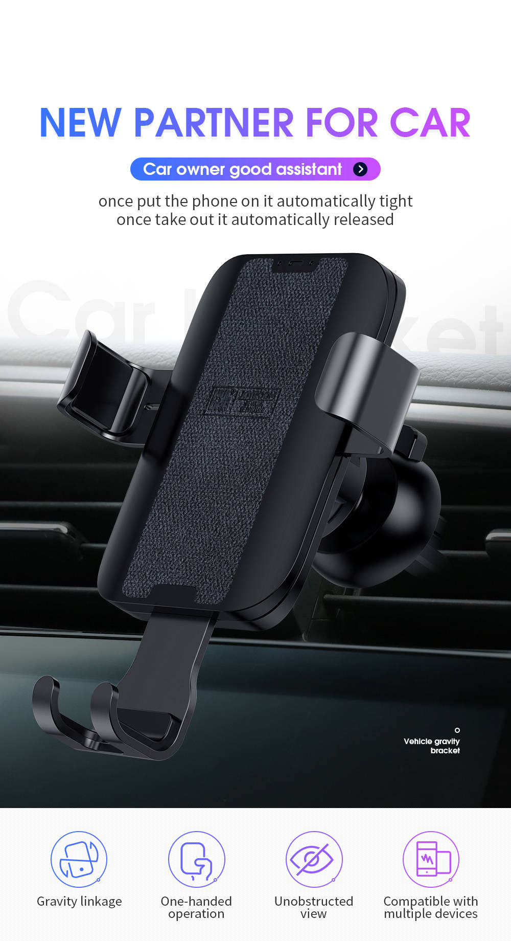 Black Car Mount Phone Holder,Gravity Phone Mount Auto-Clamping Car Phone Holder Shockproof Universal Car Phone Mount Mini Cell Phone Holder for Car for All Smartphones 4.0-6.5 inches