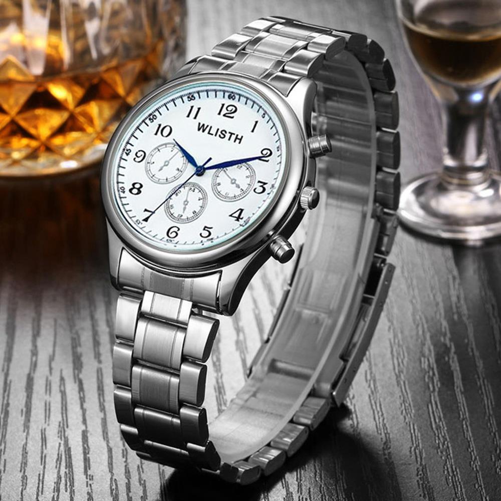 WLISTH P603メンズクォーツ腕時計ステンレススチールストラップシルバーホワイト