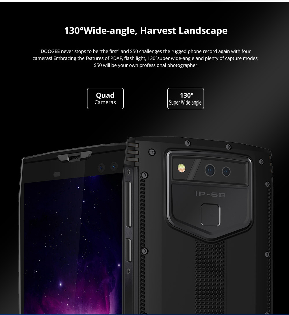 [HK Stock]DOOGEE S50 5.7 Inch 4G LTE Smartphone MT6763T 6GB 128GB 16.0MP+13.0MP Dual Rear Cameras Android 7.1 IP68 Face ID OTG - Black