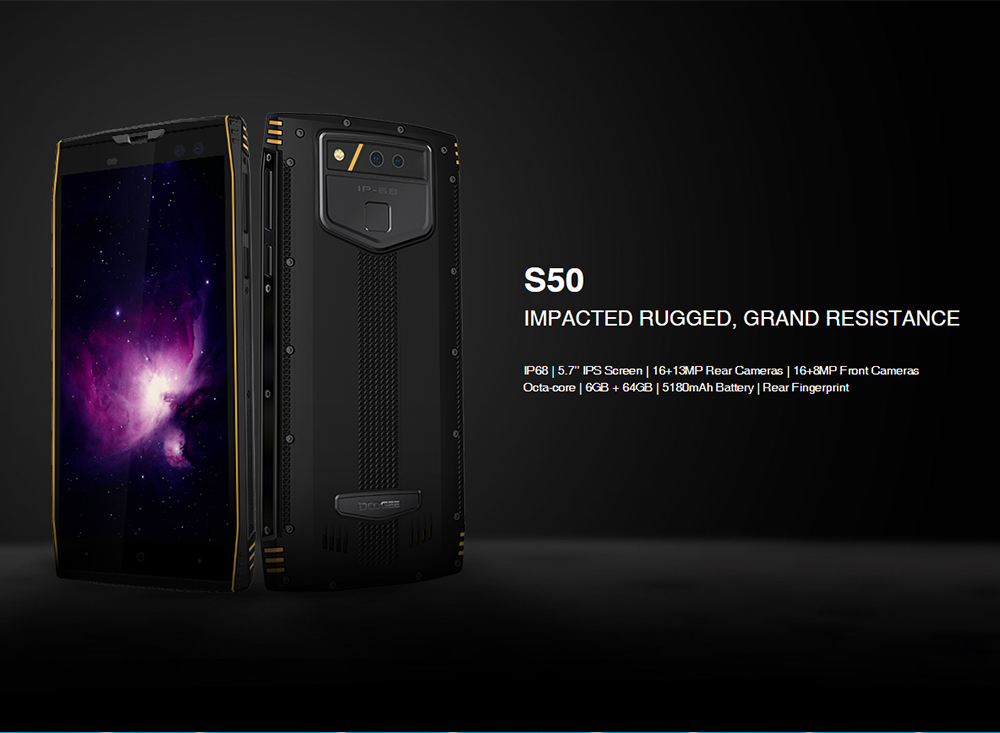 [HK Stock]DOOGEE S50 5.7 Inch 4G LTE Smartphone MT6763T 6GB 128GB 16.0MP+13.0MP Dual Rear Cameras Android 7.1 IP68 Face ID OTG - Black