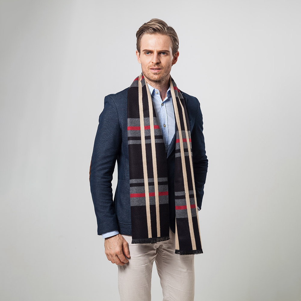 S04 Men Classic Business Imitation Cashmere Striped Plaid Warm Scarf 30x180CM - Black