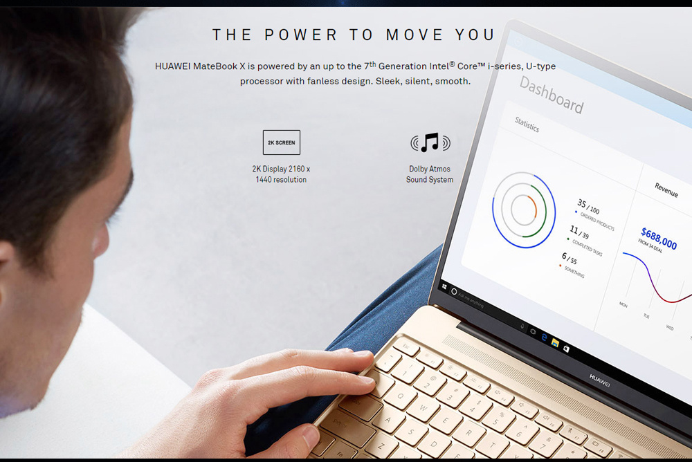 Huawei MateBook X Laptop 13 Inch 2160*1440 Fingerprints Intel Core i7-7500U 8GB RAM 256GB SSD Windows 10 USB-C HDMI - Gold