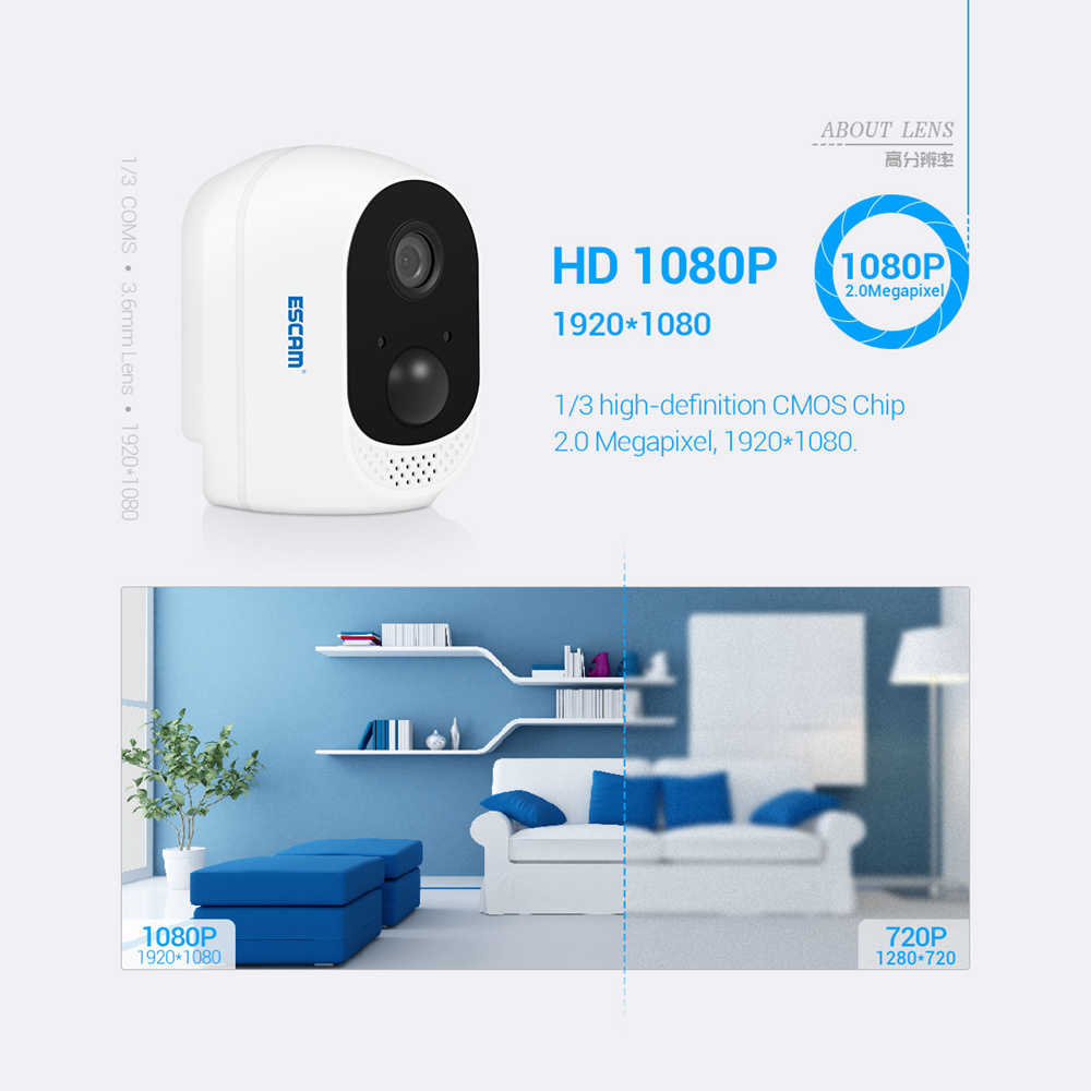 ESCAM QF230 1080P P2P IR 10400mAh Battery WIFI PIR Alarm IP Camera Two-way Audio Night Vision - White