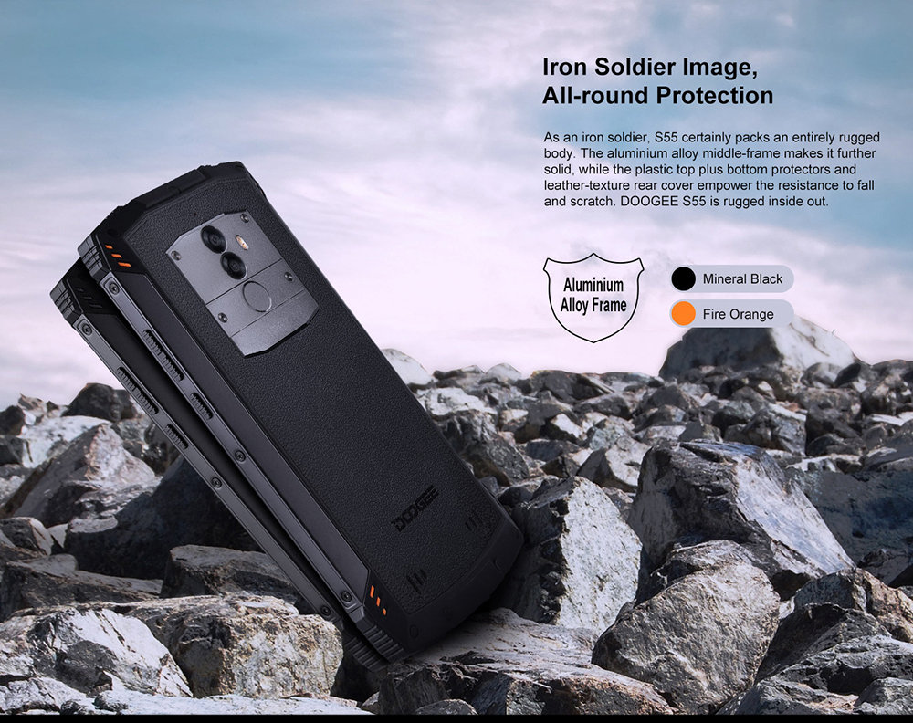 [HK Stock]DOOGEE S55 5.5 Inch 4G LTE Smartphone MT6750T 4GB 64GB 13.0MP+8.0MP Dual Rear Cameras Android 8.0 IP68 Fast Charge Touch ID - Black