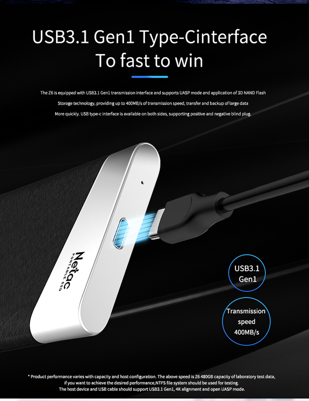 Netac Z6 Portable External 480GB SSD Type-c USB3.1 Solid State Drive 400MB/s Transmission Speed - Black