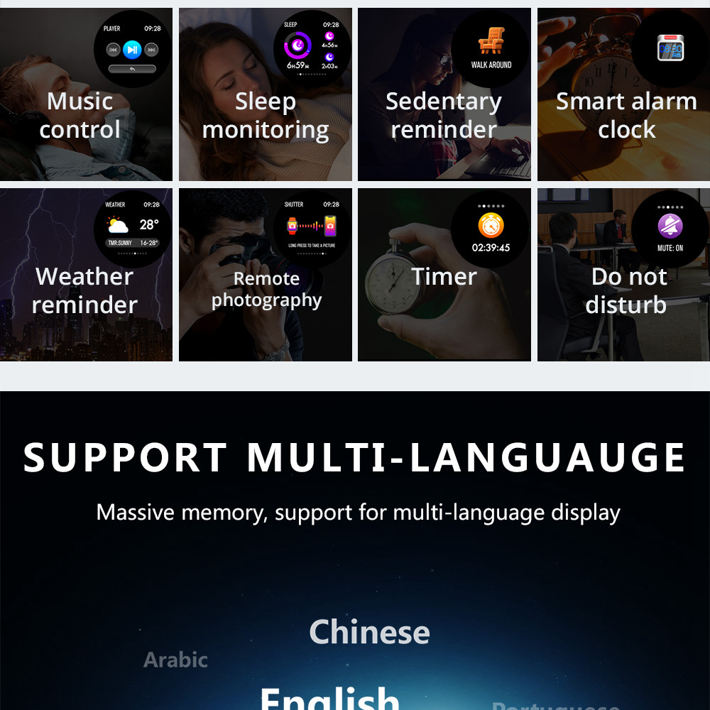 Makibes T3 Smart Watch 1.3 Inch IPS Screen Heart Rate Blood Pressure Monitor IP67 - Black