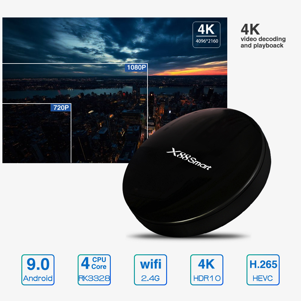 X88 Smart Android 9.0 RK3328 4GB/32GB 4K TV Box WiFi HDMI VP9 H.265 Decoding