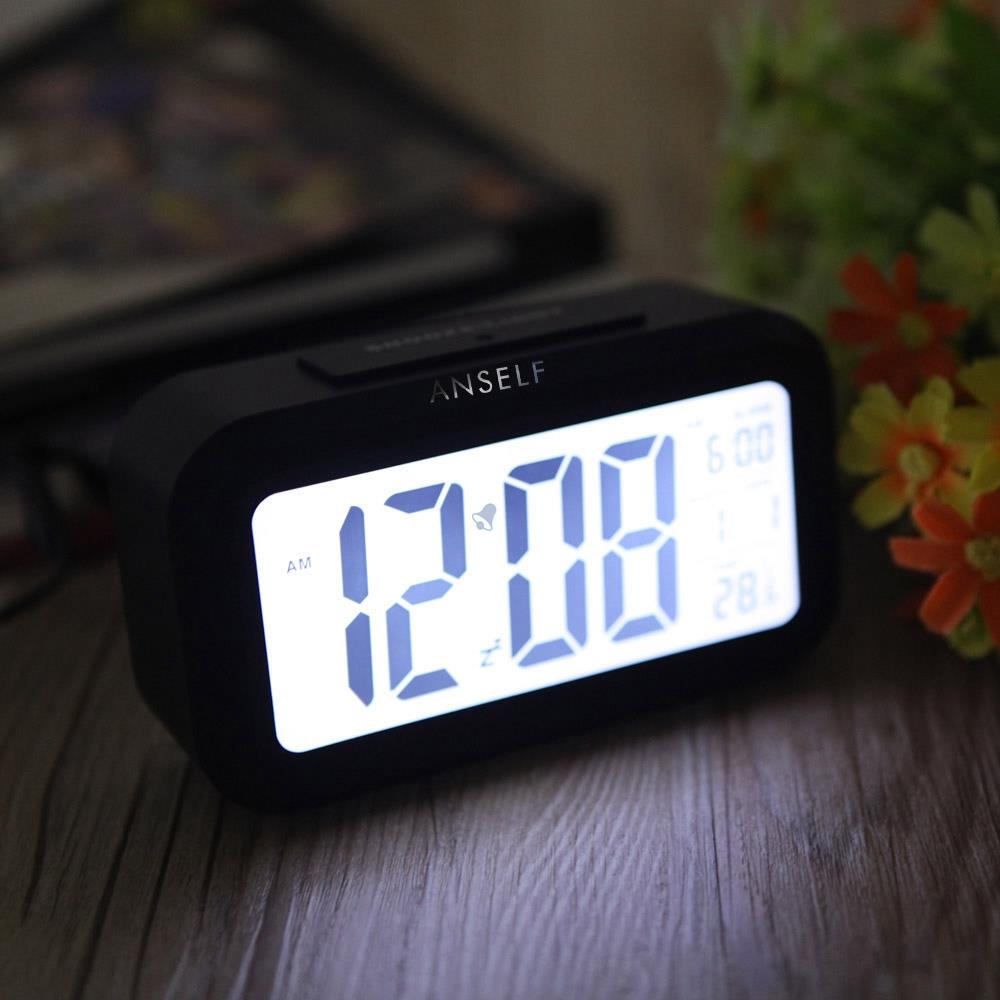 LED Electronic Photosensitive Clock With Night Light Temperature Display - Black
