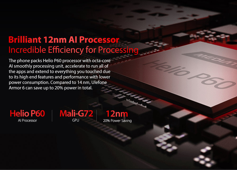 Ulefone Armor 6 6.2 Inch 4G LTE Smartphone Helio P60 6GB 128GB 21.0MP+13.0MP Dual Rear Cameras Android 8.1 IP68 NFC Wireless Charge - Red