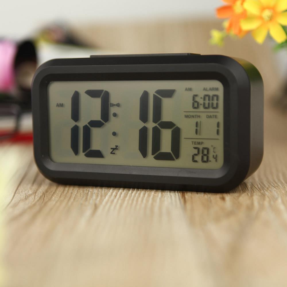 LED Electronic Photosensitive Clock With Night Light Temperature Display - Black